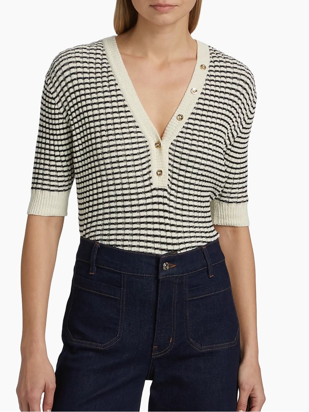 FRAME Women’s Cream Multi Stripe V-Neck Short Sleeve Sweater Size L